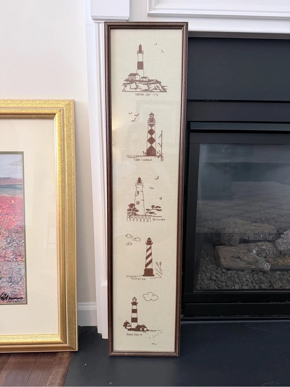 NC OBX Cross stitch handmade Framed Lighthouse Wall Art Print in Brown